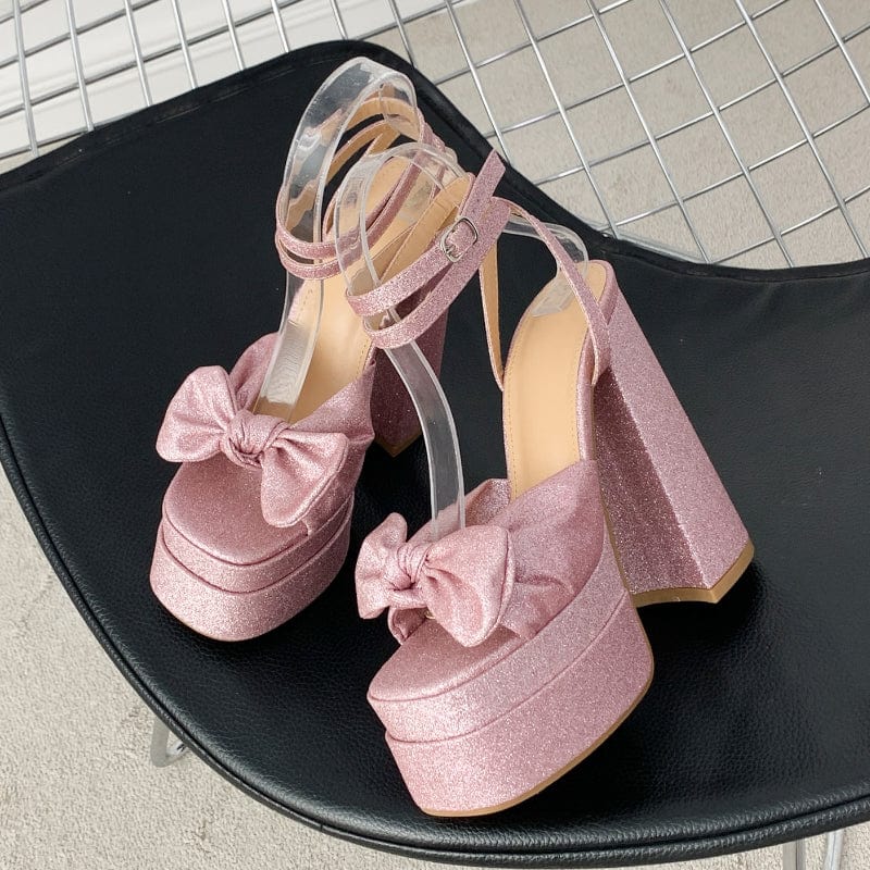 Bling Sequin Material Sandalias Con Tacon Bow Chunky Lace up 2023 Women Shoes Strappy Heels