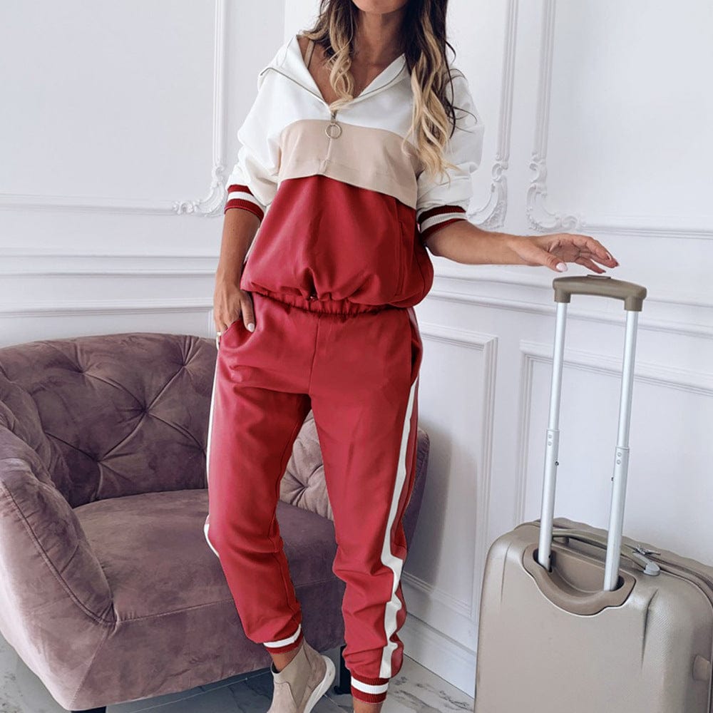 blocking color ladies sweatsuit hoodies set plus size women clothing two piece pants set Ecowalson