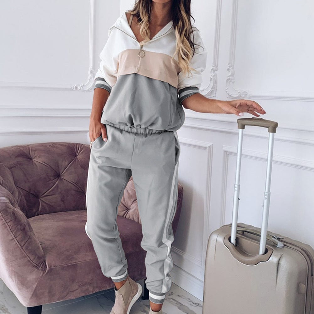 blocking color ladies sweatsuit hoodies set plus size women clothing two piece pants set Ecowalson