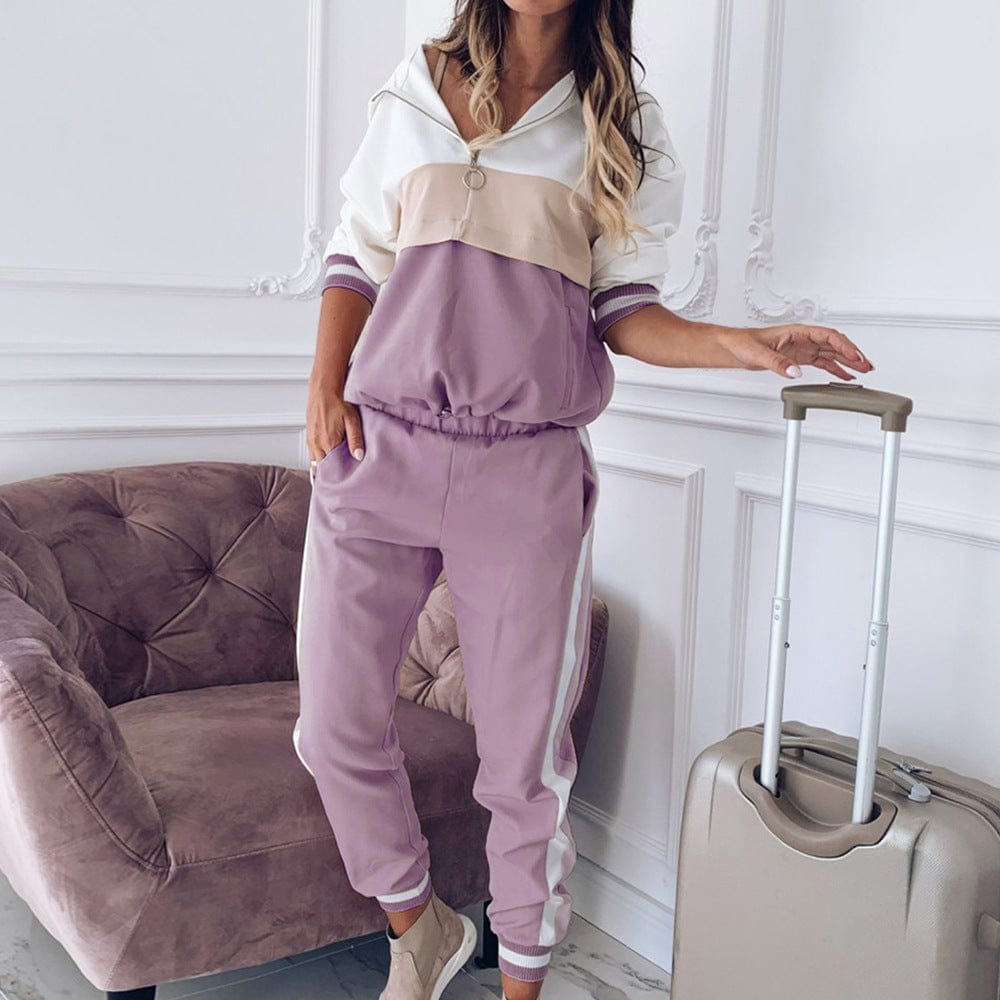 blocking color ladies sweatsuit hoodies set plus size women clothing two piece pants set Ecowalson