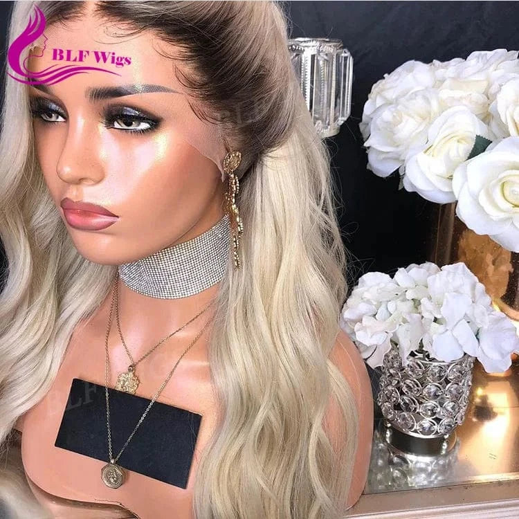 Blonde Ombre Lace Wigs Middle Part Glueless Lace Front Human Hair Wigs Bleached Knots