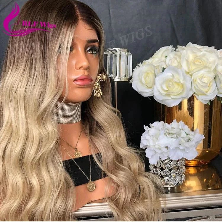 Blonde Ombre Lace Wigs Middle Part Glueless Lace Front Human Hair Wigs Bleached Knots