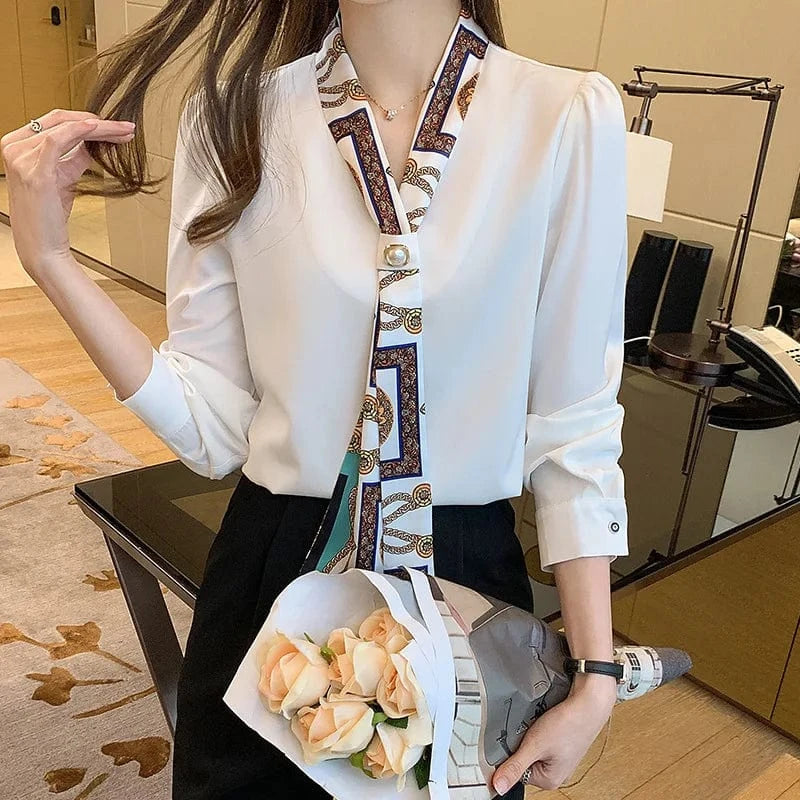 Blouses Female Elegant Fashion Office Lady Bow Solid Chiffon Shirts Women Clothing Spring Autumn Long Sleeve V-Neck Pullover Top