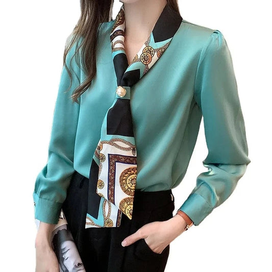 Blouses Female Elegant Fashion Office Lady Bow Solid Chiffon Shirts Women Clothing Spring Autumn Long Sleeve V-Neck Pullover Top