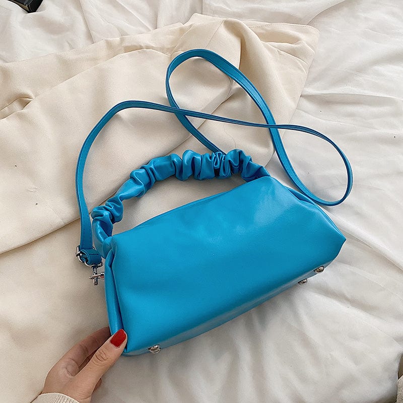 Blue 2022 Soft PU Leather Sling Bags for Women Crossbody Purse Pleated Handle Ladies Hand Bags Handbags