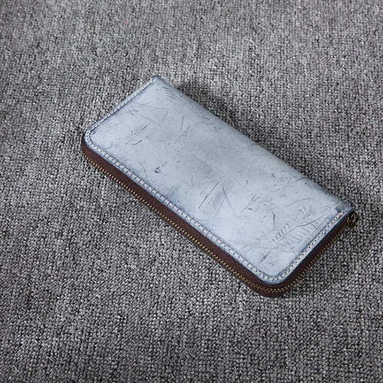 blue 2023 New High-quality Leather Cowhide Men's and Women's Wallets Genuine Leather Long Portable Zipper Wallet Vintage Polyester