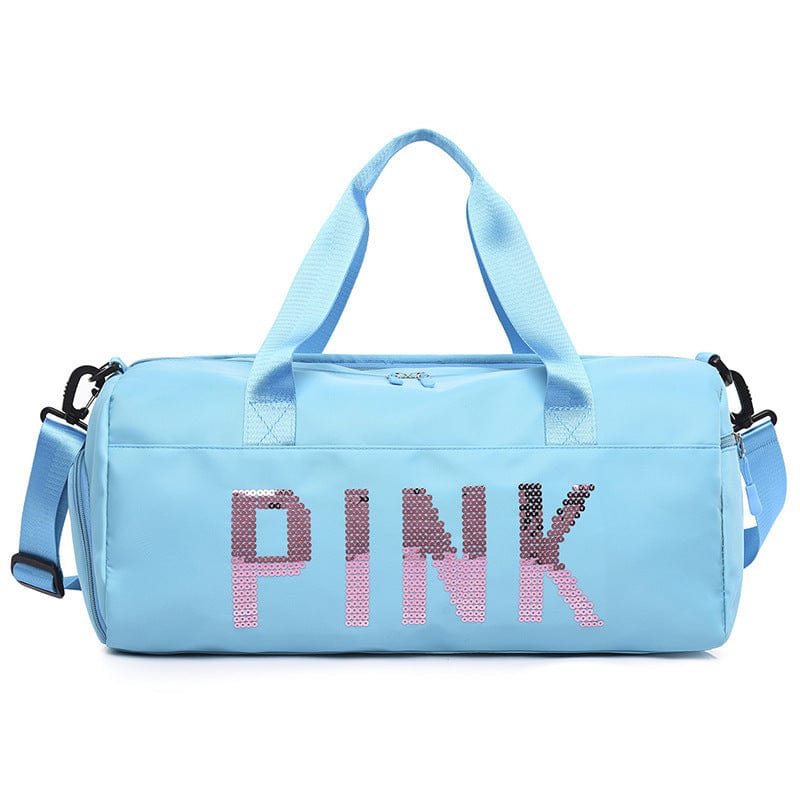 Blue Cheap price high quality large capacity sequins letters pink sports gym bag custom logo gym bag with shoe compartment
