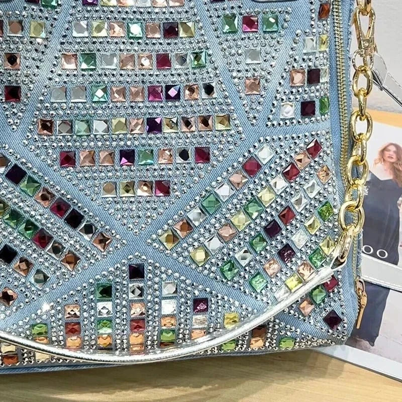 blue Denim Cloth Bags For Women Luxury Designer Handbags Purses 2024 New In Mosaic Shiny Colorful Imitation Diamond Underarm Shoulder
