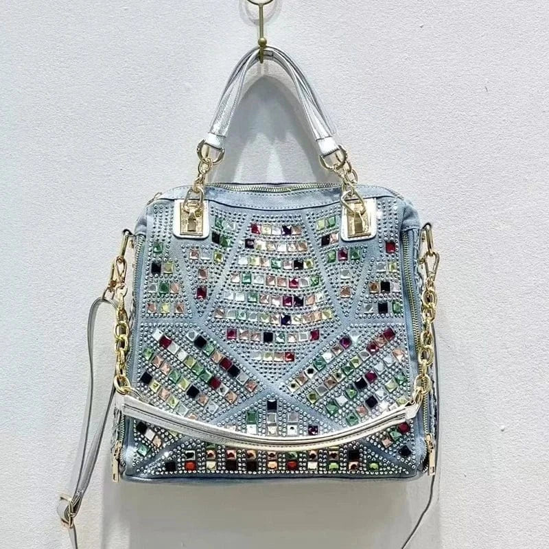 blue Denim Cloth Bags For Women Luxury Designer Handbags Purses 2024 New In Mosaic Shiny Colorful Imitation Diamond Underarm Shoulder