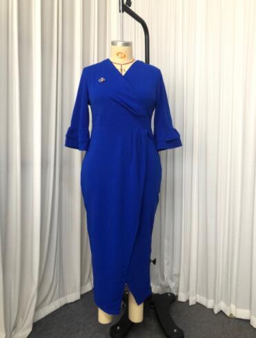 Blue Elegant High Waist V Neck Pleat Split Office Career Lady Dress