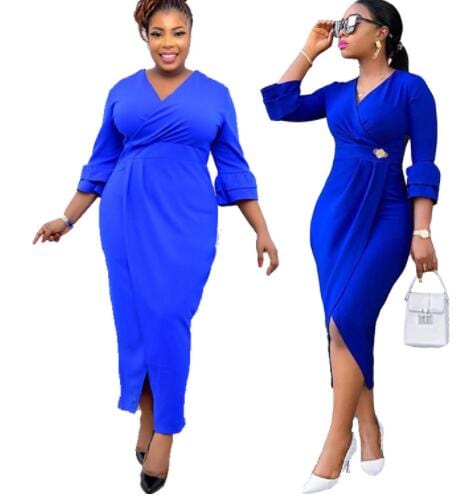 Blue Elegant High Waist V Neck Pleat Split Office Career Lady Dress