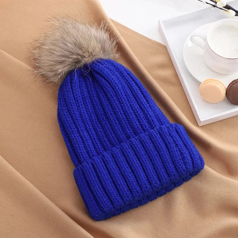 Blue Factory Women Winter Cold-proof Thermal Knitted Wool Ball Hat