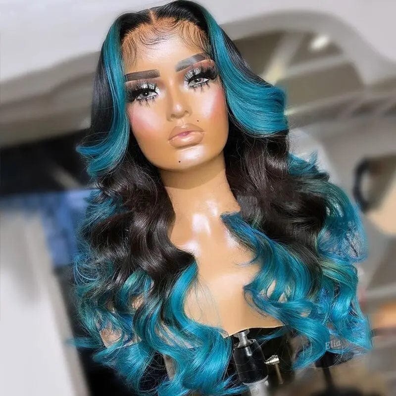 Blue Pink Colored Human Hair Ombre Lace Wig