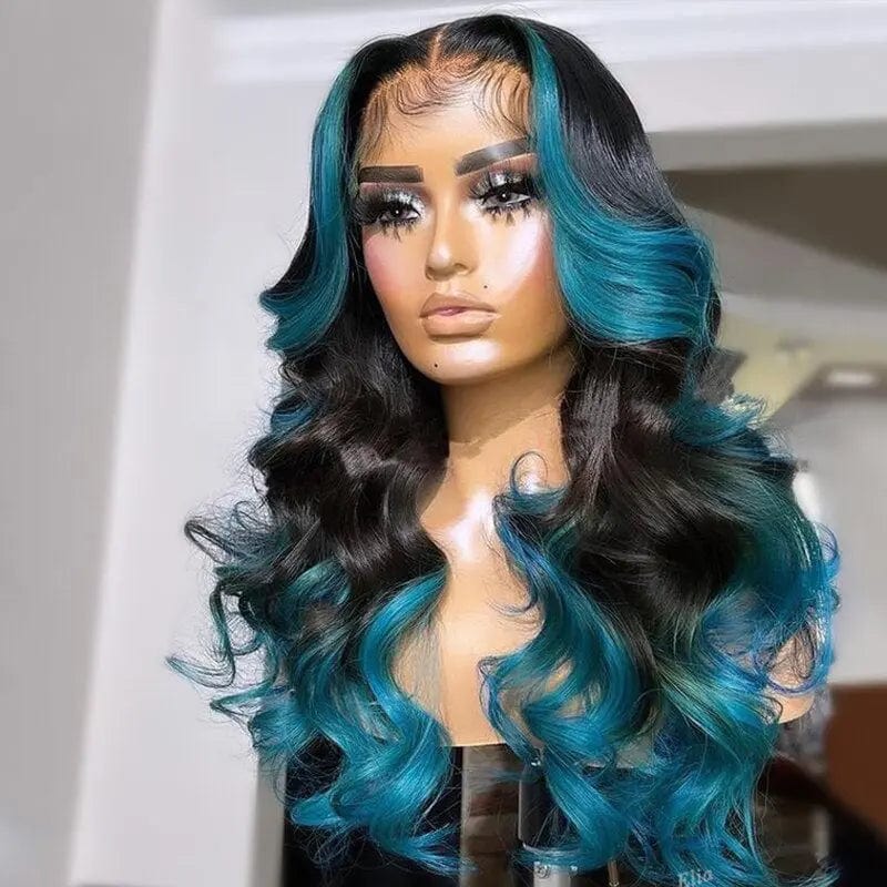 Blue Pink Colored Human Hair Ombre Lace Wig