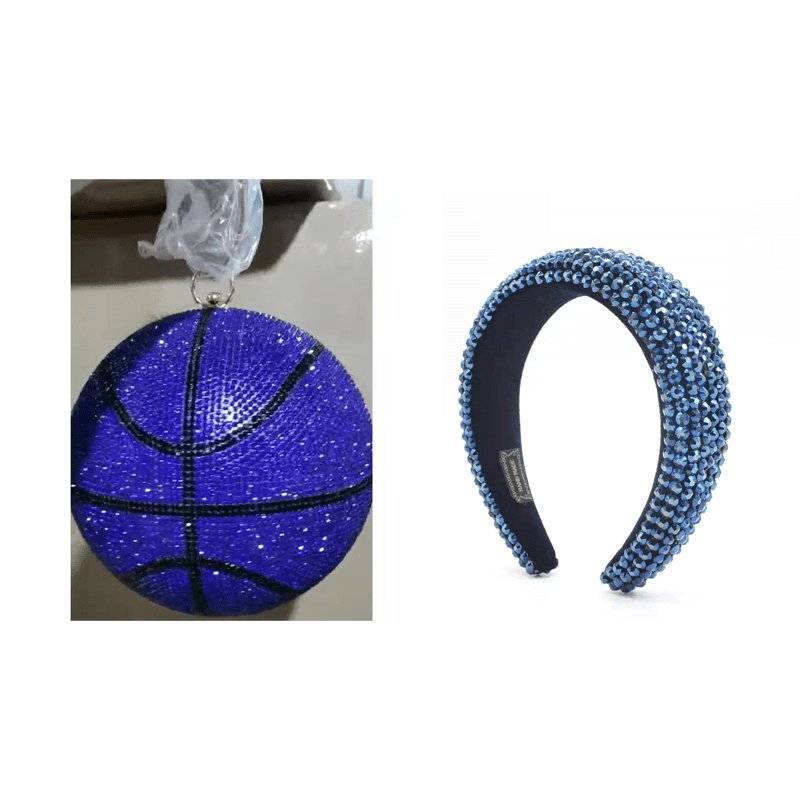 Blue set 1 Bling evening basketball clutch purse set ladies shoulder bags women handbags ladies luxury with matching rhinestone headbands