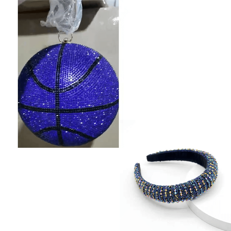 Blue set 2 Bling evening basketball clutch purse set ladies shoulder bags women handbags ladies luxury with matching rhinestone headbands