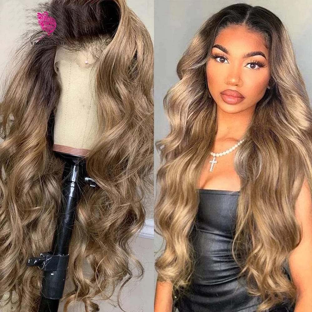 Body Wave Ombre Colored Human Hair Wigs Pre Plucked Brazilian Brown Ash Blonde 5x5 Lace Closure Wig Loose Wave With Baby Hair