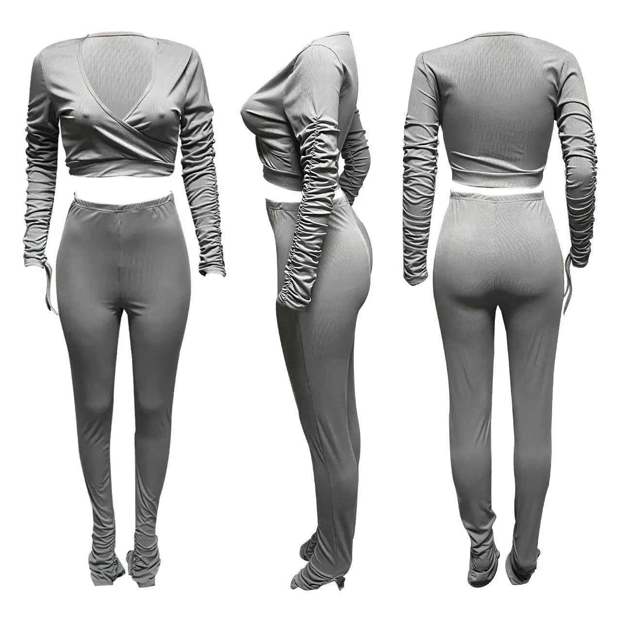 Bodycon Fall Two Piece Women Pants Sets Pleated Long Sleeve Slit Legging Sexy Ladies 2Piece Outfit