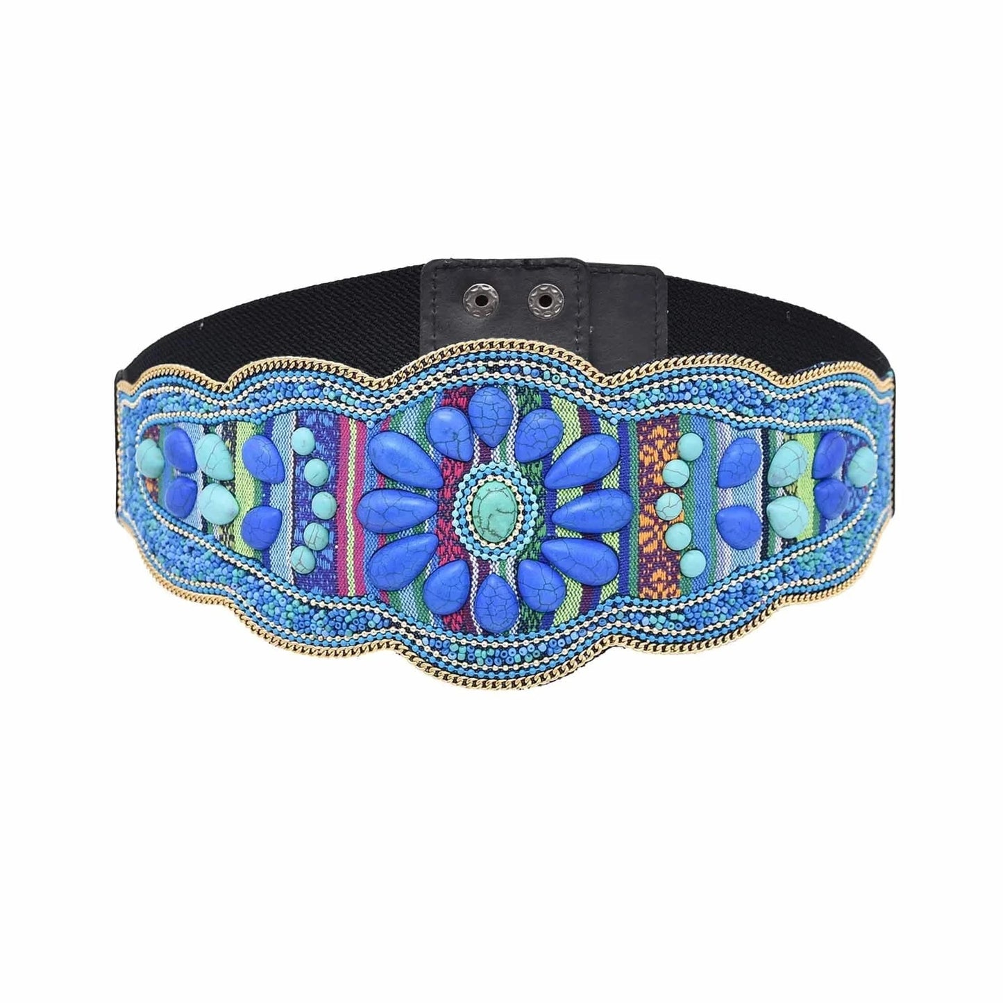 bohemian / Blue Elastic Women belt Handmade Colorful Rice Bead Shell Leather Elastic Belt Bohemian Ethnic Body Jewelry