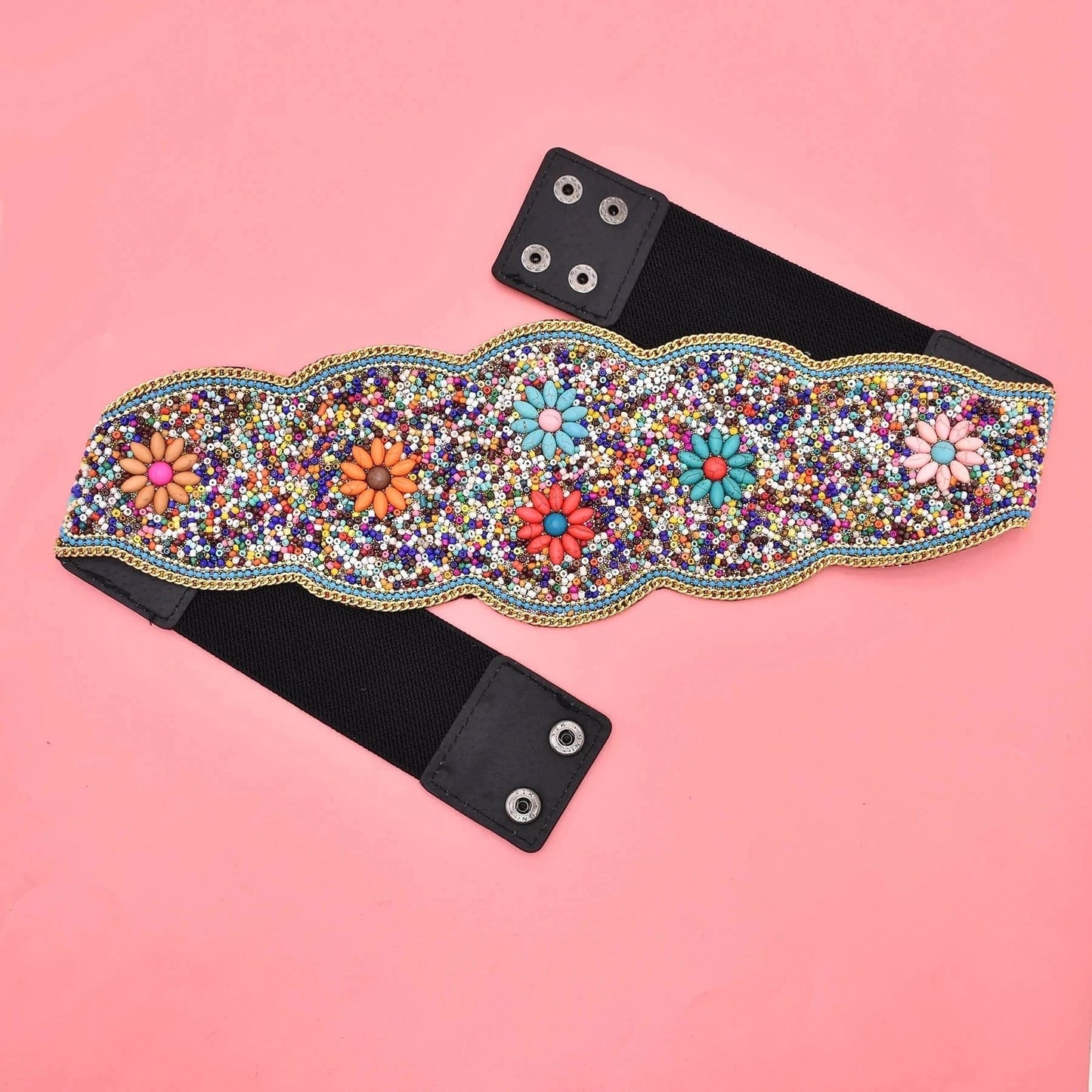 Bohemian Flower Bead Belt Ethnic Statement Wide Elastic Body Belt for Women Girls Dancing