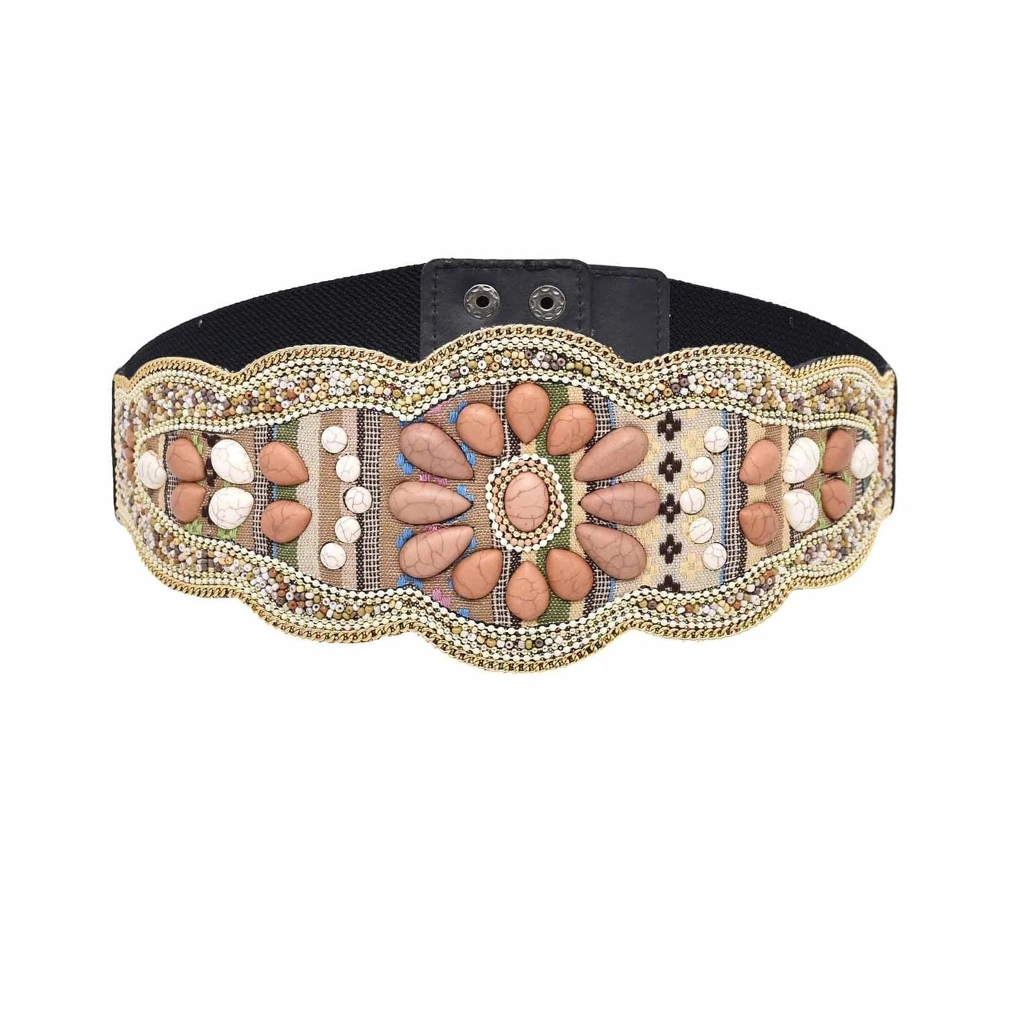 bohemian / Khaki Elastic Women belt Handmade Colorful Rice Bead Shell Leather Elastic Belt Bohemian Ethnic Body Jewelry