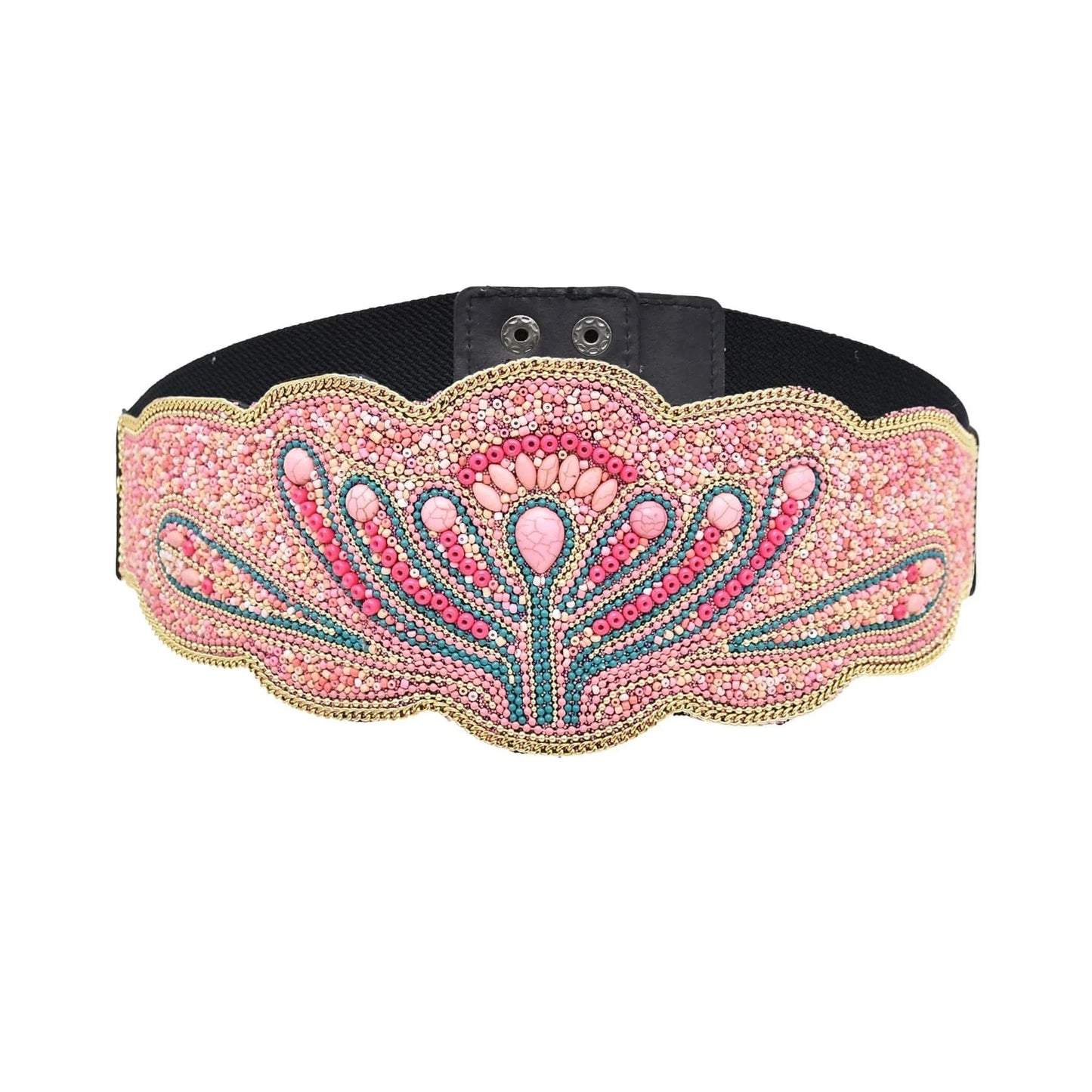bohemian / Pink Flower Rice Bead Women Belt Ethnic Statement Wide Elastic Body Belt for Girls Women Dancing