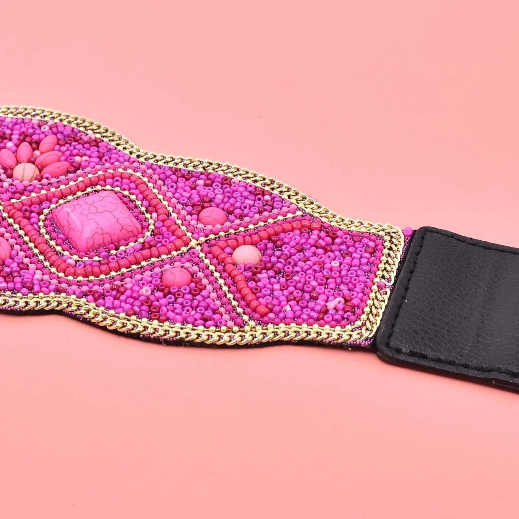 bohemian / rose Rose Red Geometric Block Stone Waistband Elastic Leather Belts Elastic Belt