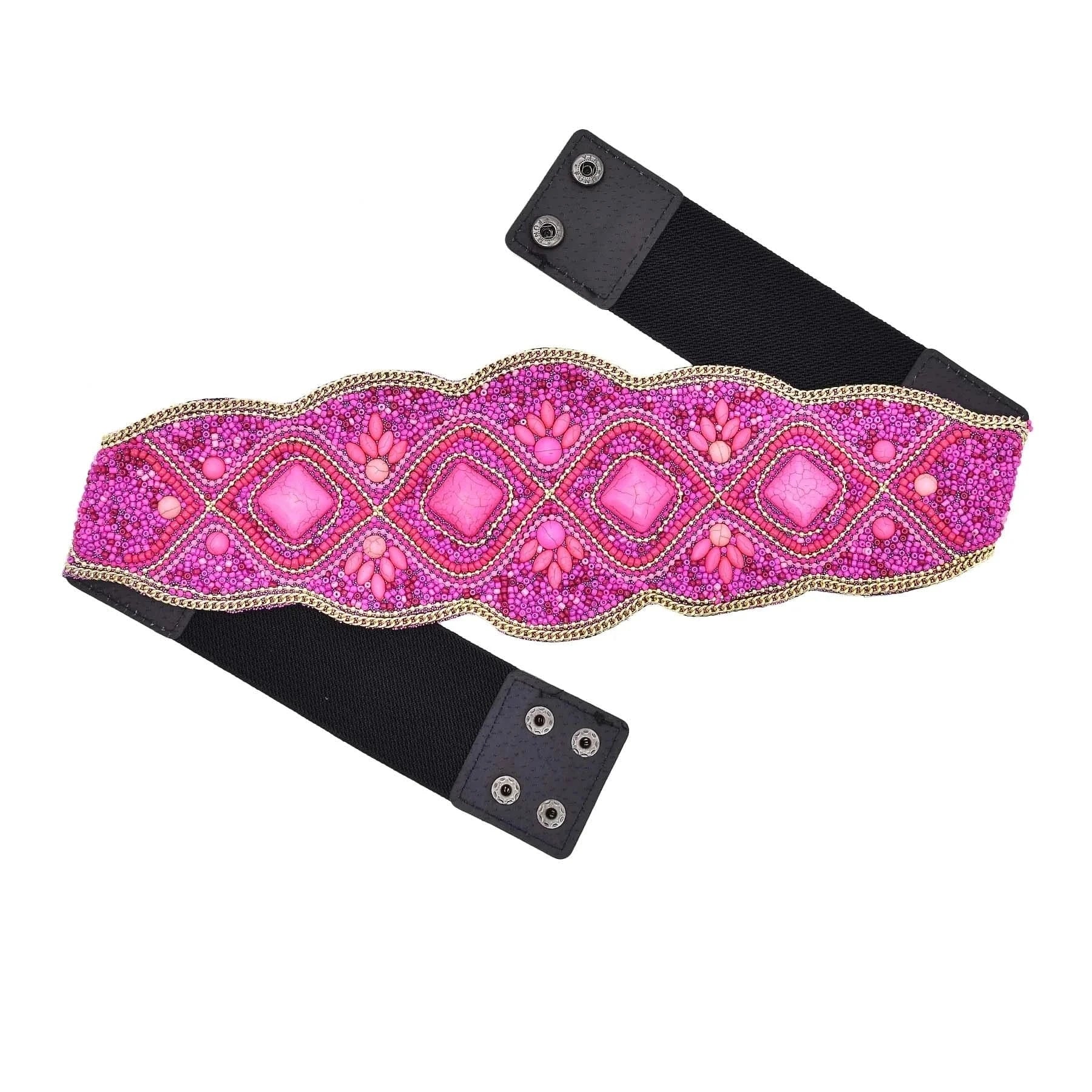 bohemian / rose Rose Red Geometric Block Stone Waistband Elastic Leather Belts Elastic Belt