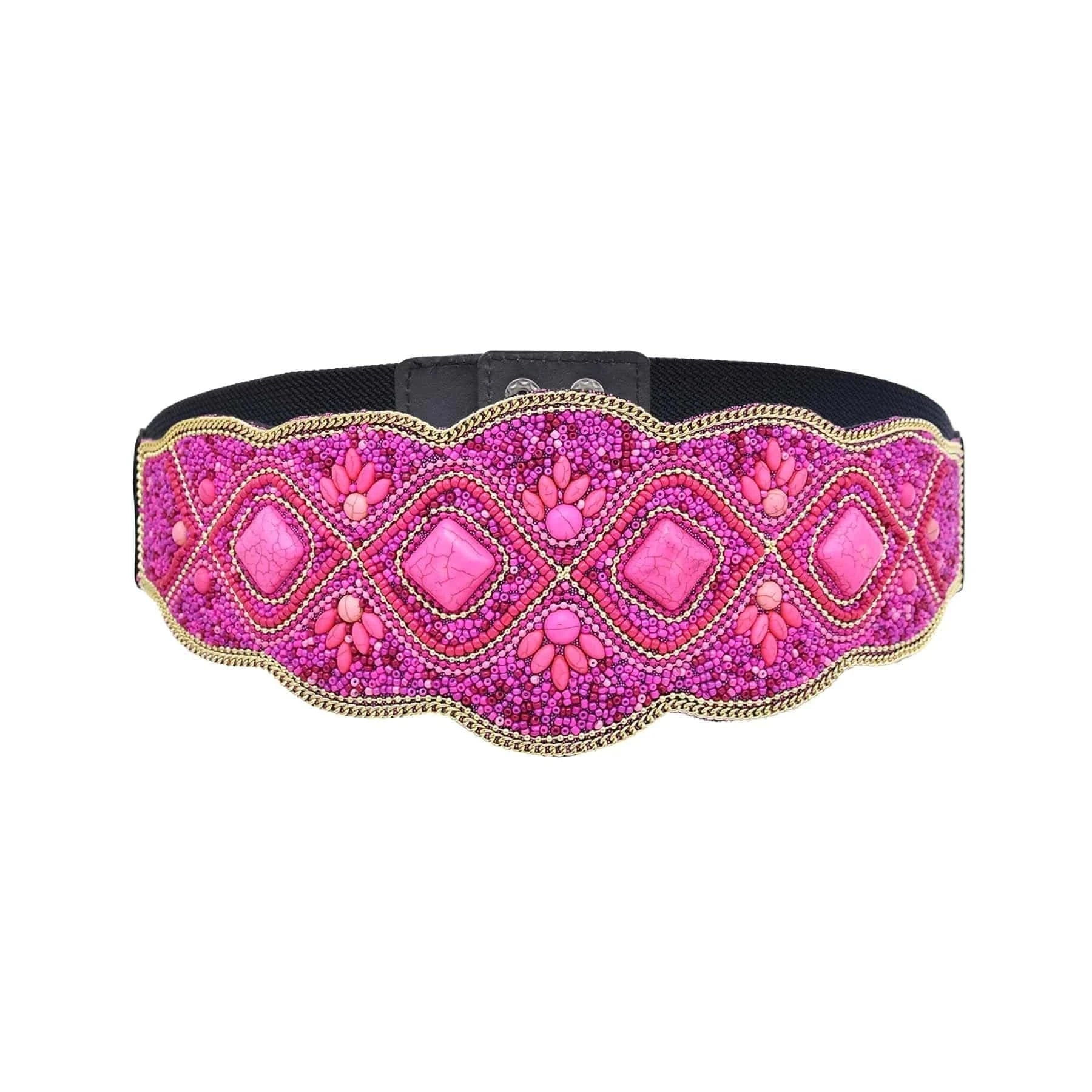 bohemian / rose Rose Red Geometric Block Stone Waistband Elastic Leather Belts Elastic Belt