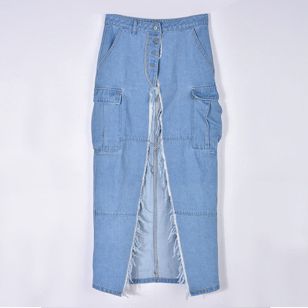 Bomblook LCSK07 Women Spring 2023 Fashion Streetwear Solid Color Straight Side Split Sexy Maxi Denim Skirt