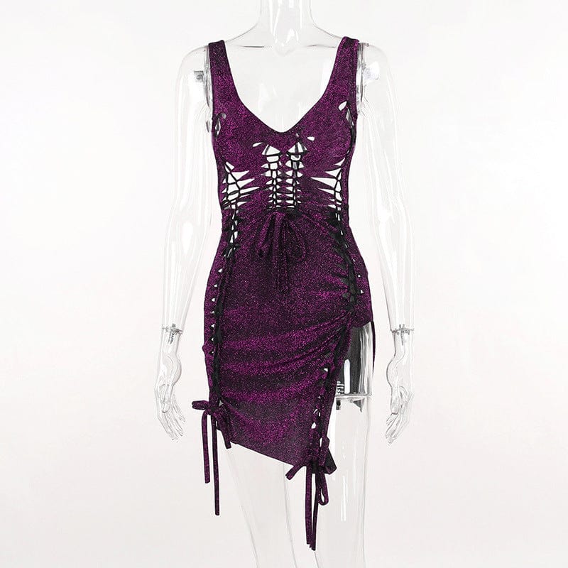 Bomblook QWDS44 Hollow Out Slip Womens Dresses Sexy Night Club Style Lace Up Split Hip Wrap Dress 2022