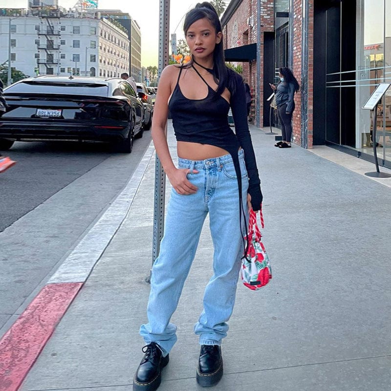 Bomblook QWTP32 Women Clothing Y2k Tops Long Sleeve Shirt One Shoulder Cami Fashion 2022 Cut Out Halter Crop Top