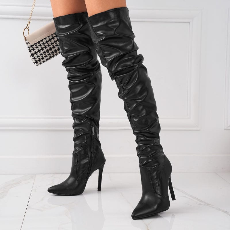 Botas Largas De Mujer Pleated Wrinkle Trendy Stiletto Heel Lady Over the Knee Thigh High Boots for Women
