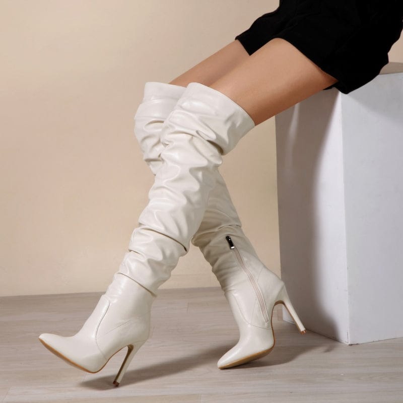 Botas Largas De Mujer Pleated Wrinkle Trendy Stiletto Heel Lady Over the Knee Thigh High Boots for Women