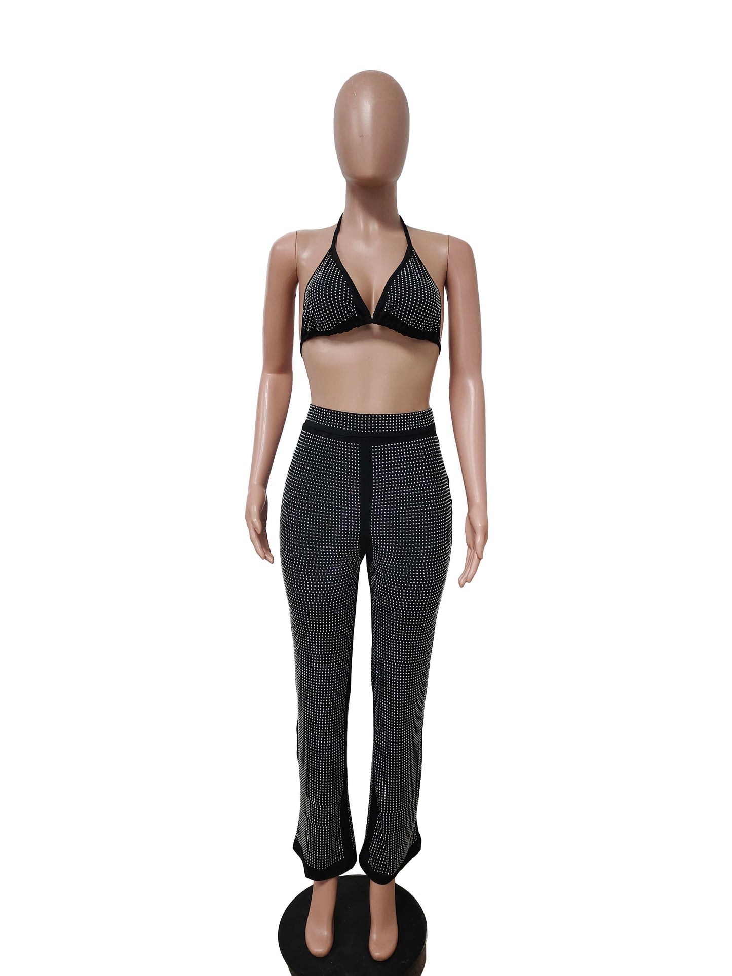 Boutique Clothing Women Two Piece Pants Set Women Hot Drill Sexy Black Halter Bra Top And Pants Two Pieces Set