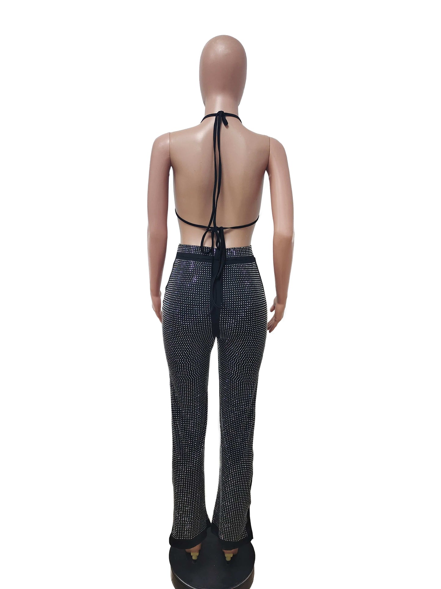 Boutique Clothing Women Two Piece Pants Set Women Hot Drill Sexy Black Halter Bra Top And Pants Two Pieces Set