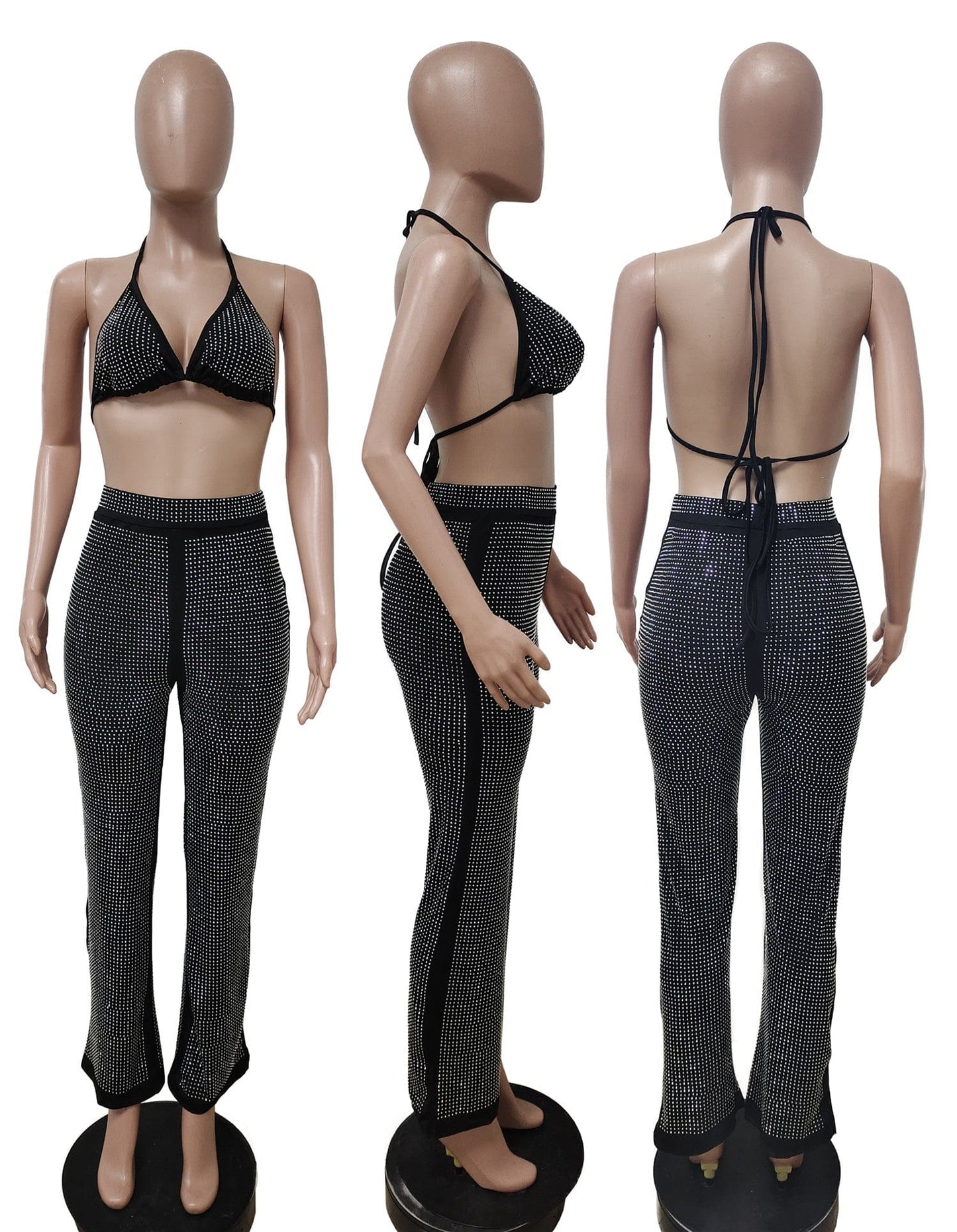 Boutique Clothing Women Two Piece Pants Set Women Hot Drill Sexy Black Halter Bra Top And Pants Two Pieces Set