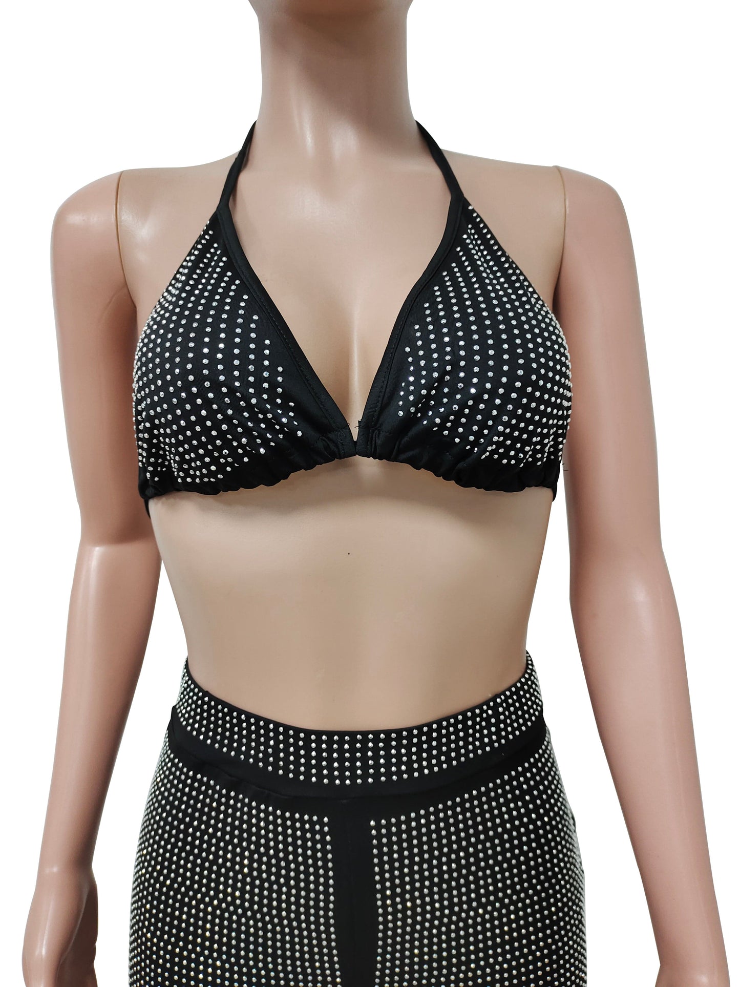 Boutique Clothing Women Two Piece Pants Set Women Hot Drill Sexy Black Halter Bra Top And Pants Two Pieces Set