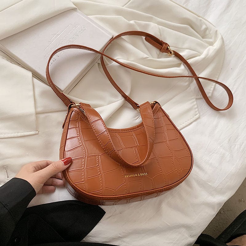 Brown 2022 Crocodile Pattern Half Moon Shoulder Bags Small Underarm PU Leather Purses and Handbags Luxury Women