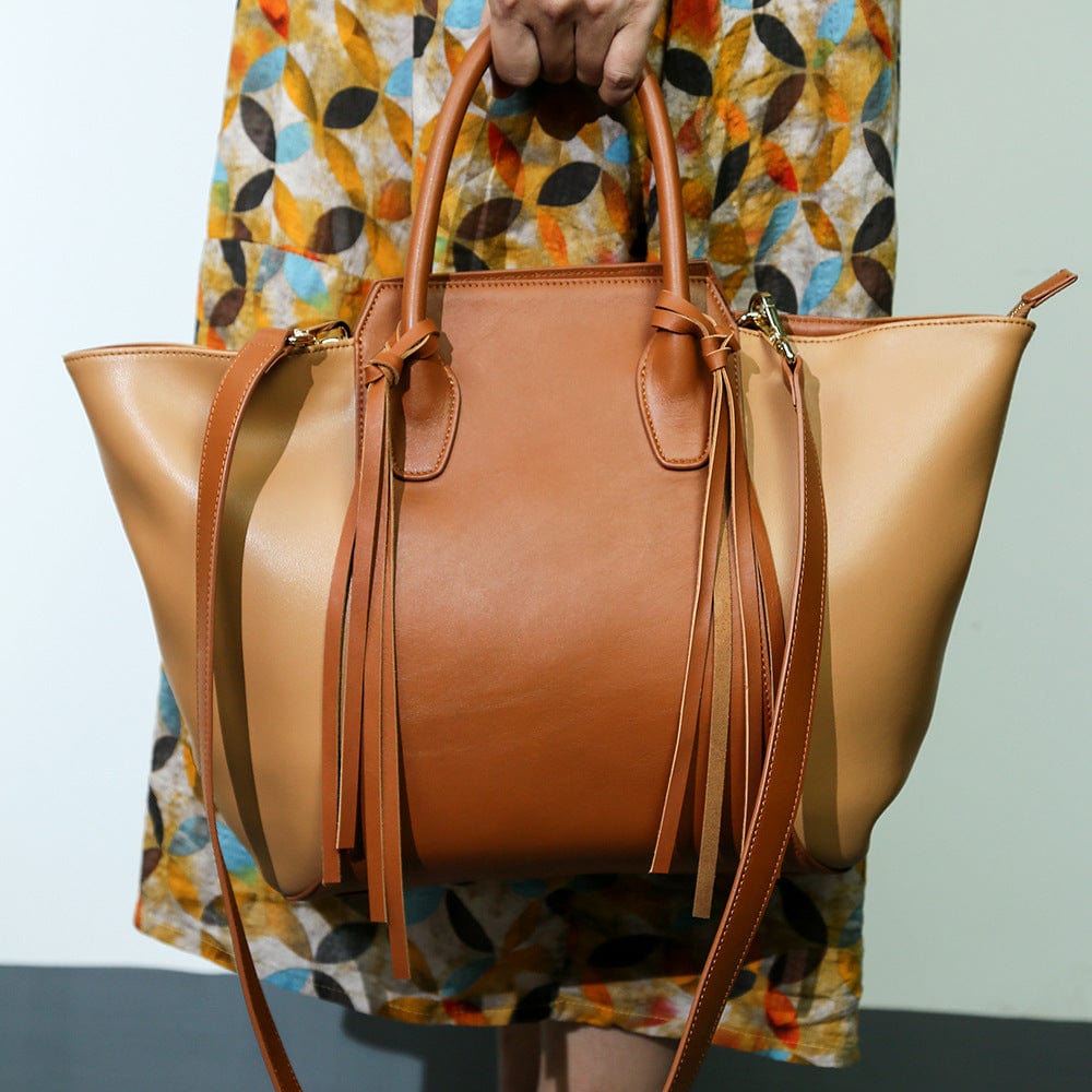 brown 2023 Layer Cowhide Shoulder Crossbody Trade Large Bag Leather Portable Tassel Tote Bag For Women Genuine Leather Shoulder Bag