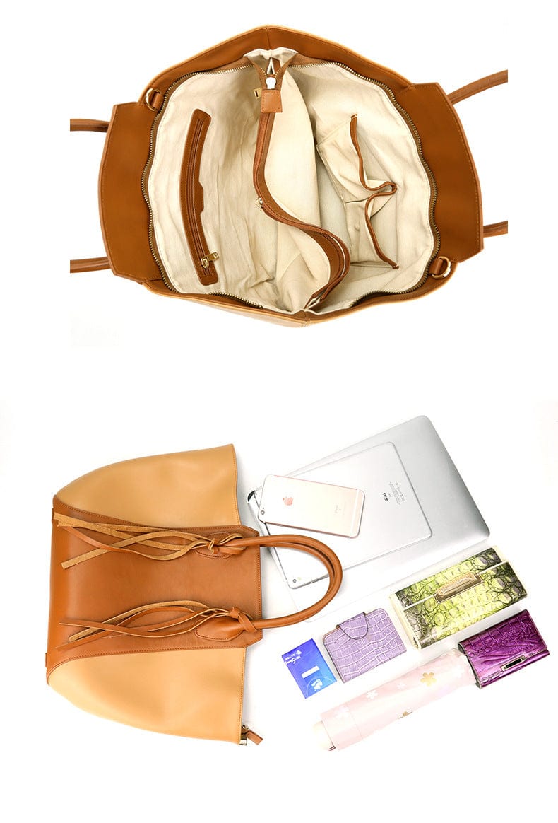 brown 2023 Layer Cowhide Shoulder Crossbody Trade Large Bag Leather Portable Tassel Tote Bag For Women Genuine Leather Shoulder Bag