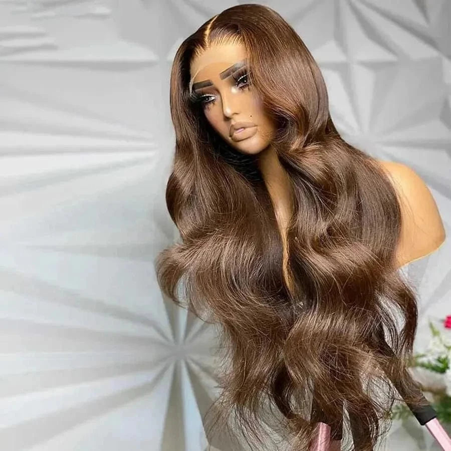 Brown Color Body Wave 8--28 inch 150% Density Pre-Plucked Hair Line 100% Human Hair Lace Front Wig For Woman