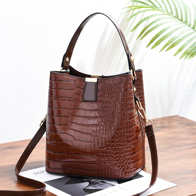 Brown Factory good quality alligator pattern bucket bag lady cross body bag stylish large capacity one-shoulder handbags 13192