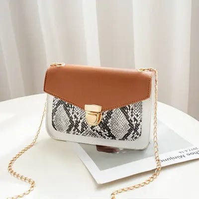 brown G182 Women's Fashionable New Designer Snake Skin PU Leather Mini Shoulder Bag Chain Color Contrast Small Mobile Phone Money Bag