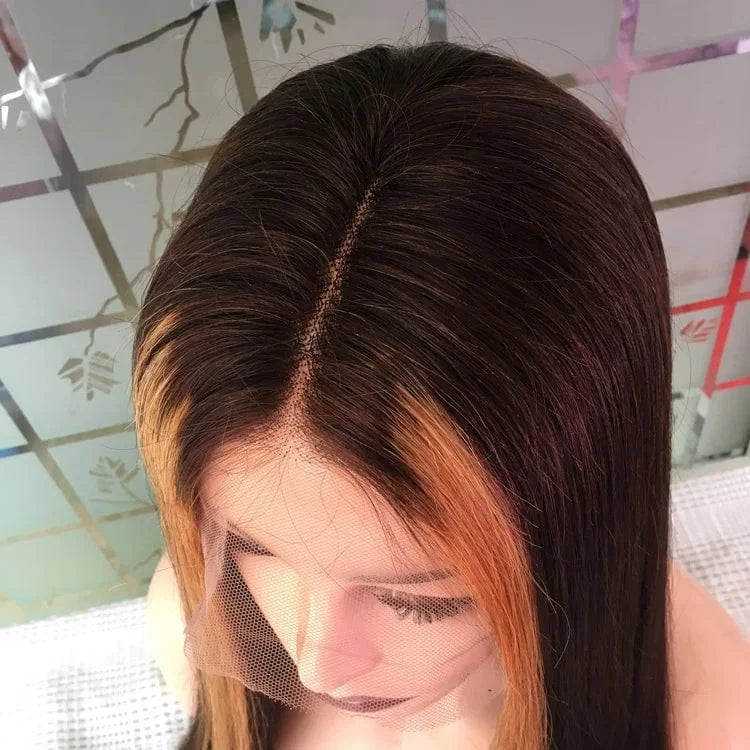 Brown Hair with Blond Highlight Wig, 100% Malaysian Human Hair Silk Top Full Lace Wigs