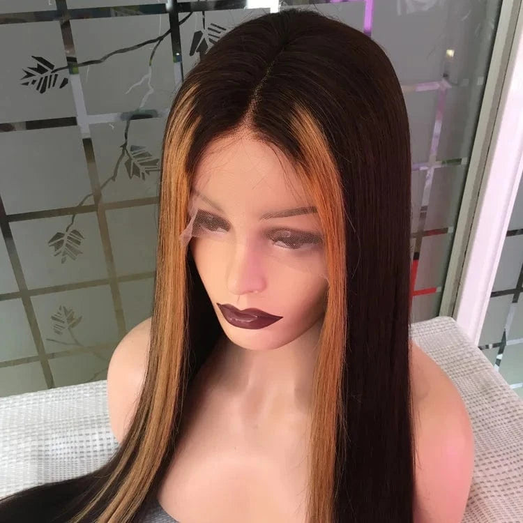 Brown Hair with Blond Highlight Wig, 100% Malaysian Human Hair Silk Top Full Lace Wigs