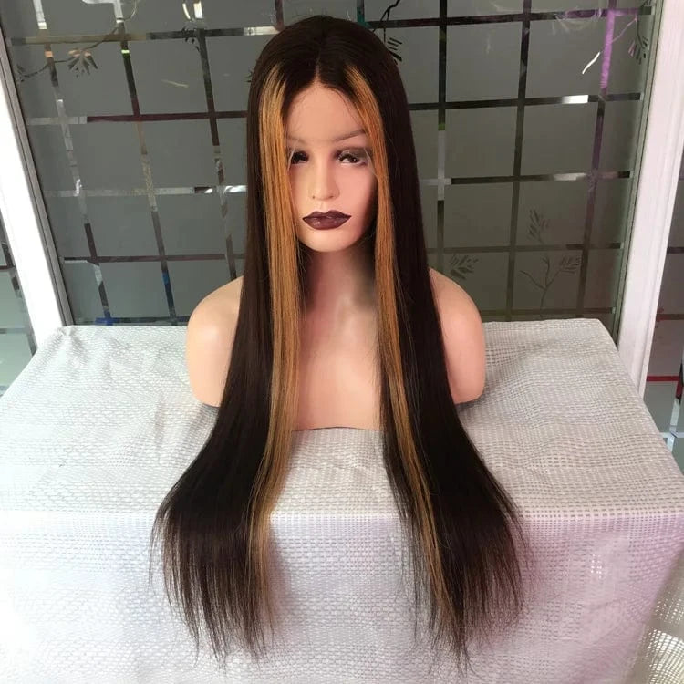 Brown Hair with Blond Highlight Wig, 100% Malaysian Human Hair Silk Top Full Lace Wigs