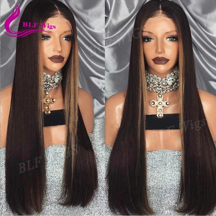 Brown Hair with Blond Highlight Wig, 100% Malaysian Human Hair Silk Top Full Lace Wigs