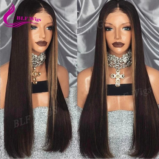 Brown Hair with Blond Highlight Wig, 100% Malaysian Human Hair Silk Top Full Lace Wigs