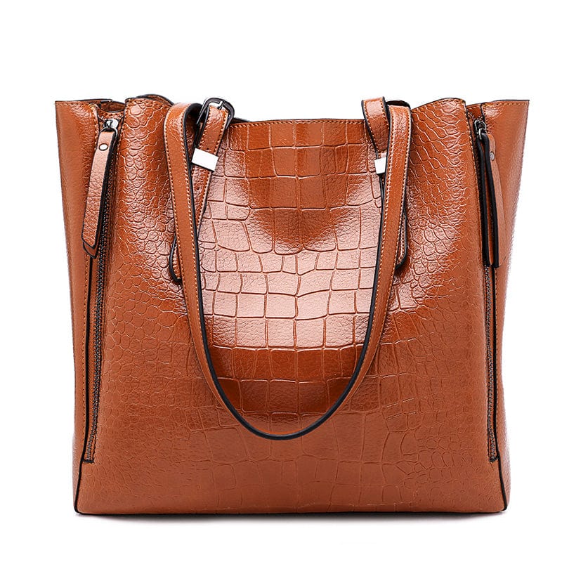 Brown high quality pu tote bags women large shoulder vintage bag embossed crocodile pattern ladies leather tote bags